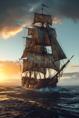 Capture the essence of maritime adventures in a minimalistic design with an unexpected camera angle Using digital rendering techniques, showcase a ship sailing at eye-level with dramatic lighting
