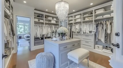 Spacious and Organized Dressing Room with Floor to Ceiling Shelving and a Central Island for Jewelry Accessories and Makeup  A Luxurious and Sophisticated Space for Fashion and Beauty