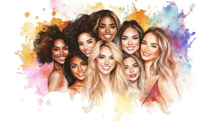 Obraz premium Empowering Portrait of Multiracial Women in a Vibrant Watercolor Style