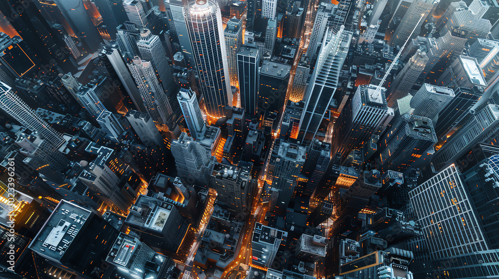Poster capture the intricate details of a futuristic cityscape through aerial view in a blend of digital re