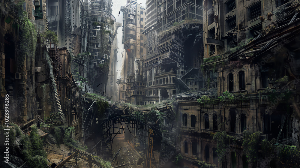 Poster capture the intricate details of a post-apocalyptic cityscape, showcasing the juxtaposition of decay