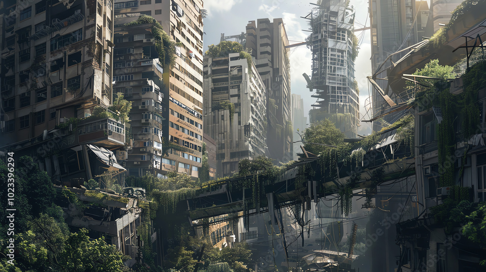 Aufkleber capture the intricate details of a post-apocalyptic cityscape, showcasing the juxtaposition of decay