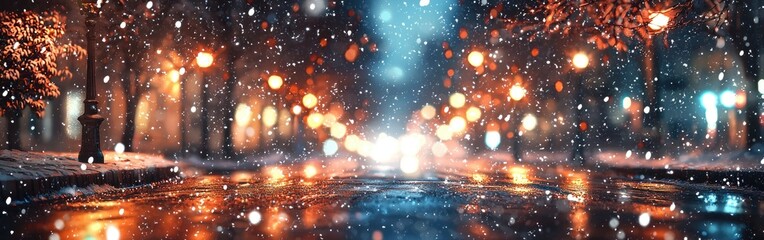 A cozy winter night party with snowflakes falling on a shimmering street in a vibrant city