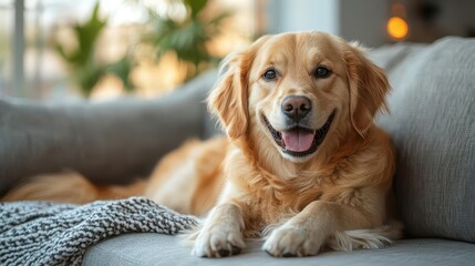 happy golden retriever lounging on a cozy sofa in a modern living room showcasing warmth and companionship enhanced by soft lighting and stylish decor capturing the essence of home