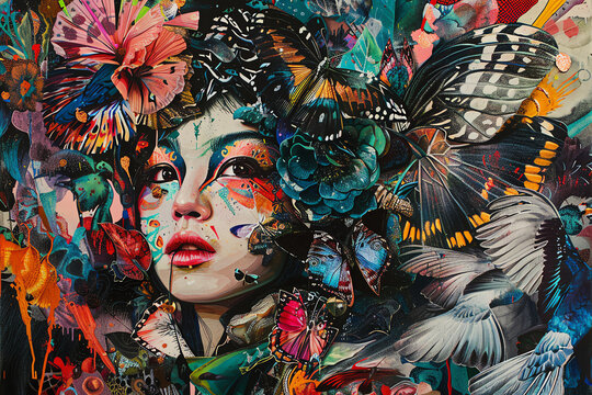 Capture the haute couture world from a birds-eye view in a detailed acrylic painting Include models wearing avant-garde fashion influenced by Jungian psychology Integrate unexpected camera angles to c