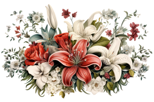 Elegant floral pattern featuring intricate roses, lilies, and daisies arranged in a symmetrical design on a white background