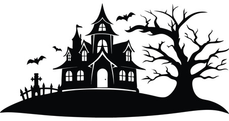 Haunted house silhouette. Ghost mansion scene vector illustration for spooky designs and decorations