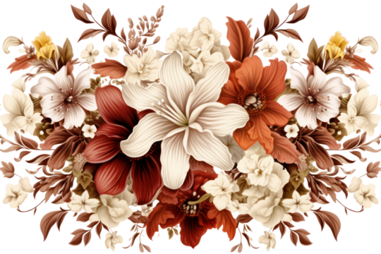 Elegant floral pattern featuring intricate roses, lilies, and daisies arranged in a symmetrical design on a white background