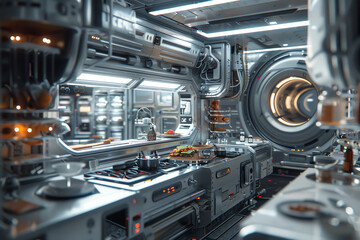 Fototapeta premium Craft a captivating scene with a high-angle view of a culinary masterpiece set in a futuristic space station kitchen, blending the essence of space exploration with the fine details of macro photograp