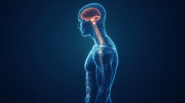 Anatomy of the brain and nerves in a 3D illustration of the male human body skeleton