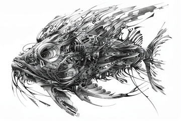 Craft a detailed pen and ink depiction of a mysterious deep-sea creature, showcasing it through a glitch art lens, merging futuristic vibes with the enigmatic marine world