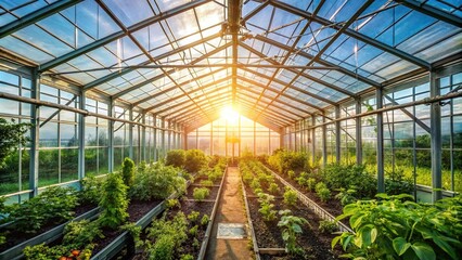 Greenhouse with sunlight filtering through plants