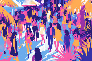 Craft a colorful vector illustration of an outdoor fashion event seen from a birds-eye view Infuse the scene with Freudian concepts influencing the attire choices Play with unconventional camera angle