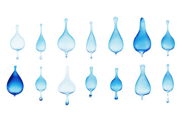 Diverse set of blue drop silhouettes and droplet shapes, isolated on white background