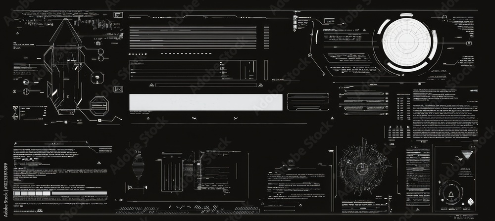 Poster A set of digital futuristic HUD elements. Arrows, pointers, callouts, information blocks, squares, headers abstract geometric elements for modern user interfaces and video games.