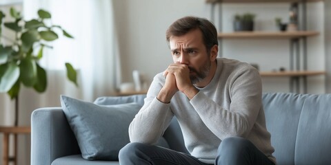 Obraz premium A man sits on a couch, looking down and rubbing his hands together. He is in a state of deep thought or contemplation