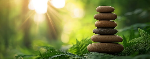Obraz premium Harmonious stack of stones in a lush forest, with beams of morning light, creating a backdrop for meditation and concentration
