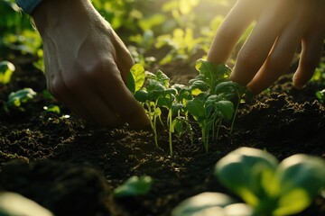 Fototapeta premium Hands planting green seedlings in rich soil, close-up shot, sunlight filtering through garden leaves