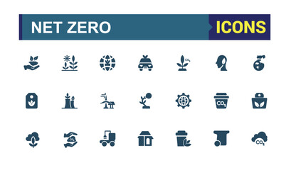 Set of solid Net zero icons set. Relatate to ecology, renewable energy, recycling and more. Editable and pixel perfect, solid icons collection.