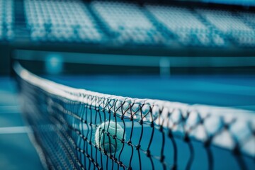 Tennis ball stuck in net on an empty court
