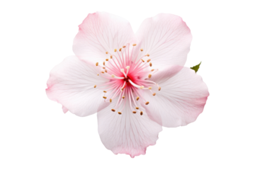 Close-up view of a single sakura flower with delicate pink petals, showing intricate details of the stamen and pistil, set against a pure white background