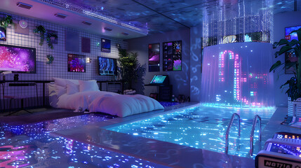 8-bit crypto penthouse, holographic pixel waterfall, NFT art gallery walls, retro gaming furniture with neon trim, floating blockchain data streams, digital luxury pool with voxel water physics, minin