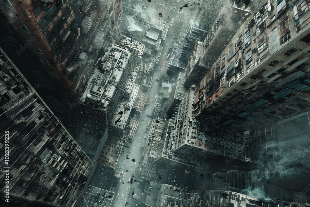 Poster explore a dystopian cityscape from a unique eye-level angle, merging gritty textures with abstract f