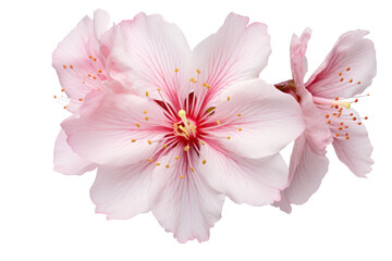 Close-up view of a single sakura flower with delicate pink petals, showing intricate details of the stamen and pistil, set against a pure white background