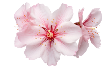 Close-up view of a single sakura flower with delicate pink petals, showing intricate details of the stamen and pistil, set against a pure white background