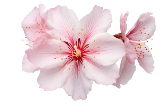 Close-up view of a single sakura flower with delicate pink petals, showing intricate details of the stamen and pistil, set against a pure white background