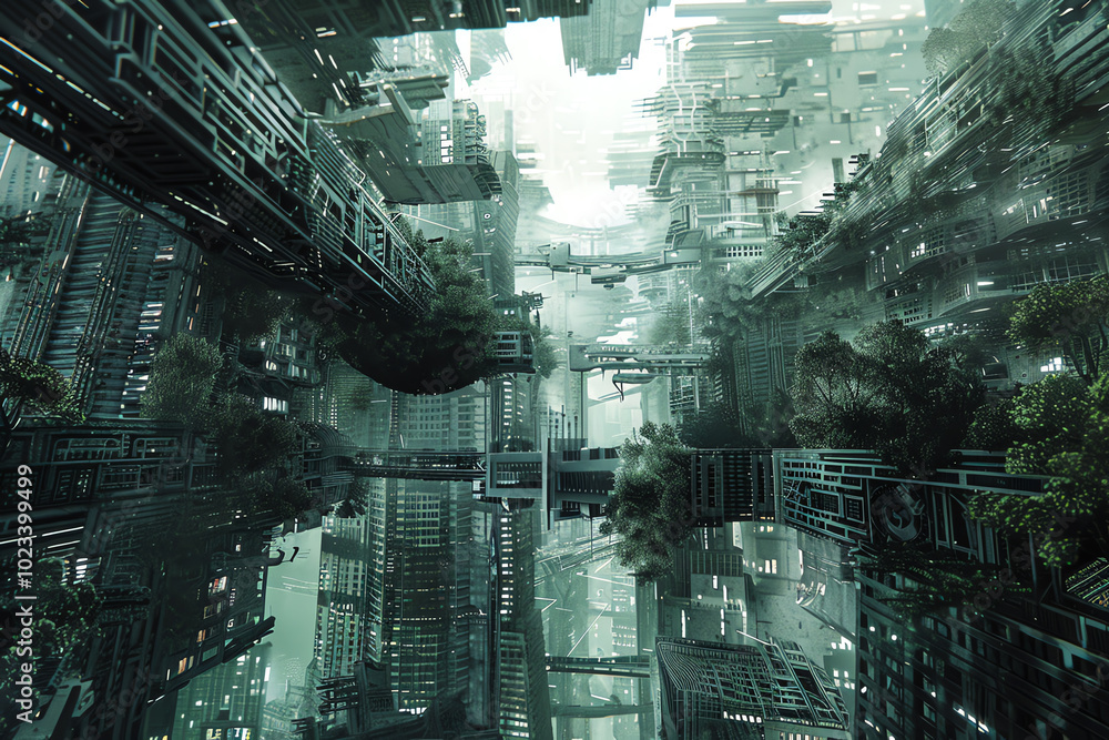 Poster explore a dystopian cityscape from a unique eye-level angle, merging gritty textures with abstract f