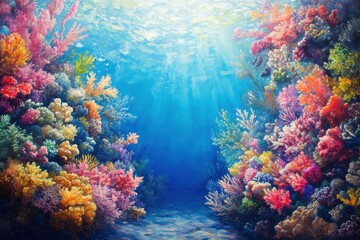 Naklejka premium marine ecosystems, a colorful coral reef teeming with marine life set in a beautiful ocean creating a captivating natural scene