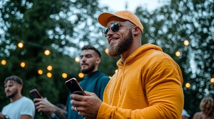 Friends using smartphones to look up concert tickets while at an outdoor festival, stock photo style