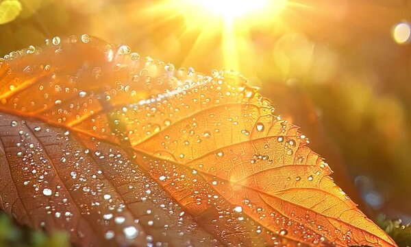 Close-up of an orange leaf with water droplets, illuminated by soft, warm light.