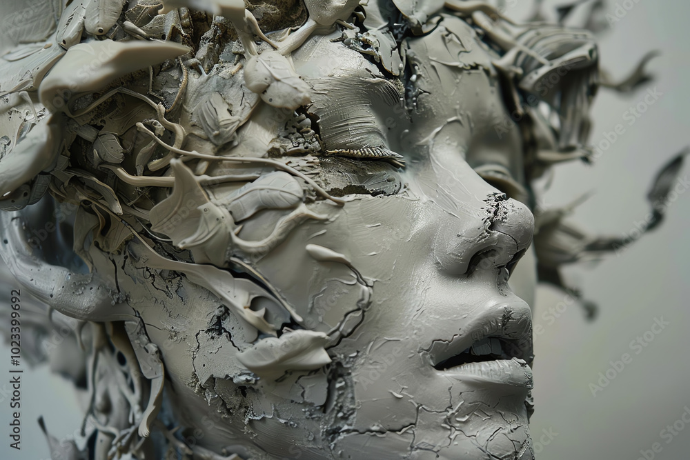 Poster Explore the fusion of Wide-angle view Fashion Trends and Dystopian Elements in a clay sculpture masterpiece Utilize unique textures and forms to convey a haunting narrative while incorporating unexpec