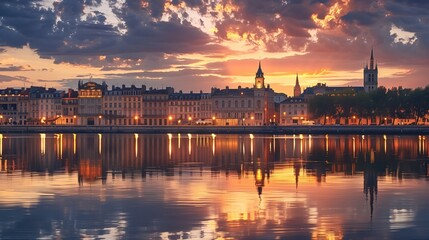 Naklejka premium This image showcases a beautiful waterfront cityscape at sunset with historic buildings reflecting on the calm water, potentially usable for travel promotion or cityscape photography and tourism 