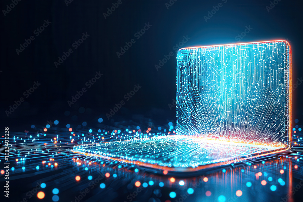 Poster Futuristic glowing laptop with data streams