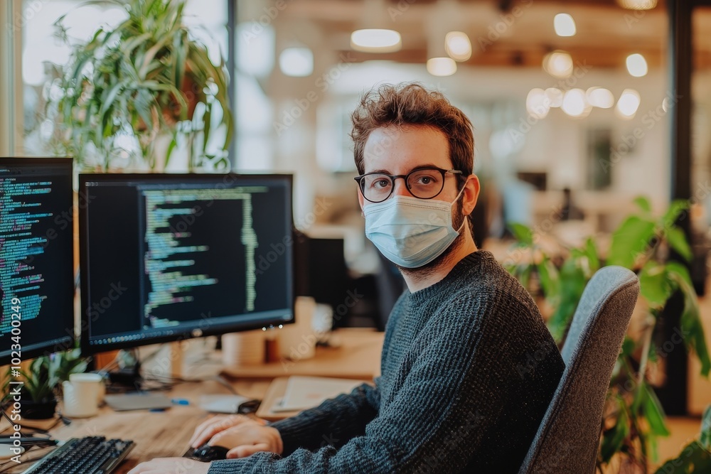 Poster A cropped image of an unrecognizable male programmer wearing a medical mask, typing on his keyboard and working in a modern office while developing software