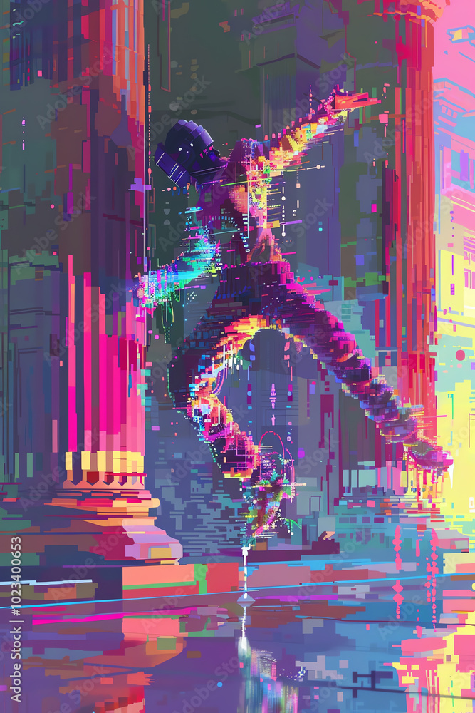 Poster illustrate the dynamic blend of futuristic elements and classical dance in a pixel art masterpiece, 