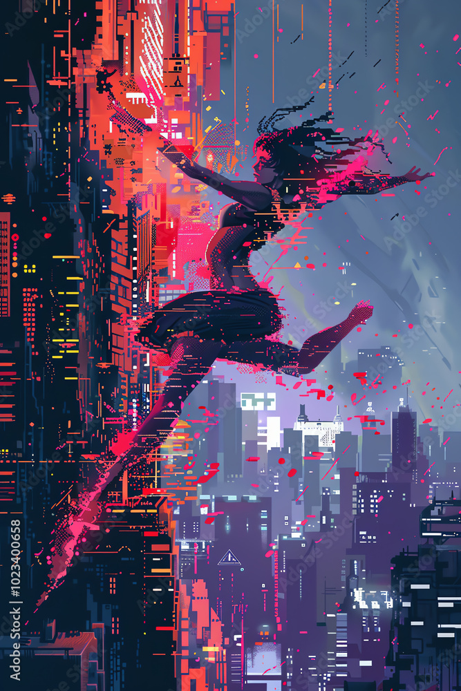 Poster illustrate the dynamic blend of futuristic elements and classical dance in a pixel art masterpiece, 