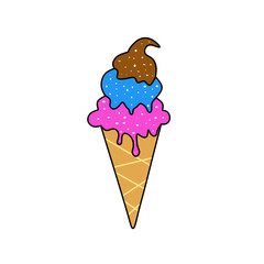 ice cream cone with three colorful scoops and small white sprinkles. The bottom scoop is pink, the middle scoop is blue, and the top scoop is brown.