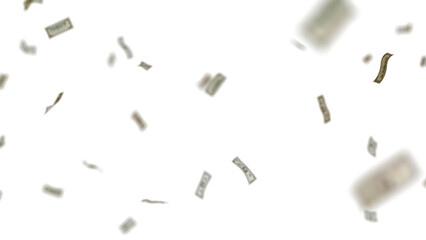 Many USA 100 dollars bill falling from the sky