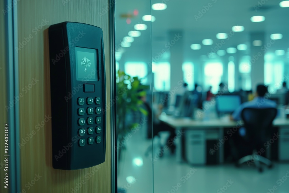 Poster Electronic access control system for doors. Fingerprint scan device for doors.
