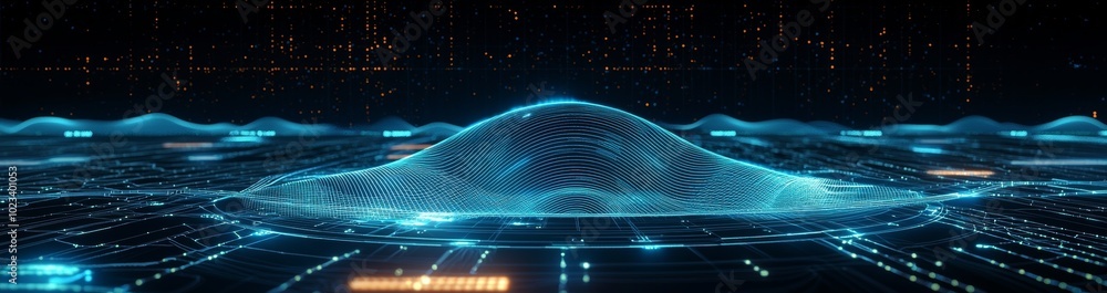 Poster Objects with a dynamic wave in a futuristic background. Connecting background. Abstract wave. Stock. Big data 3D rendering.