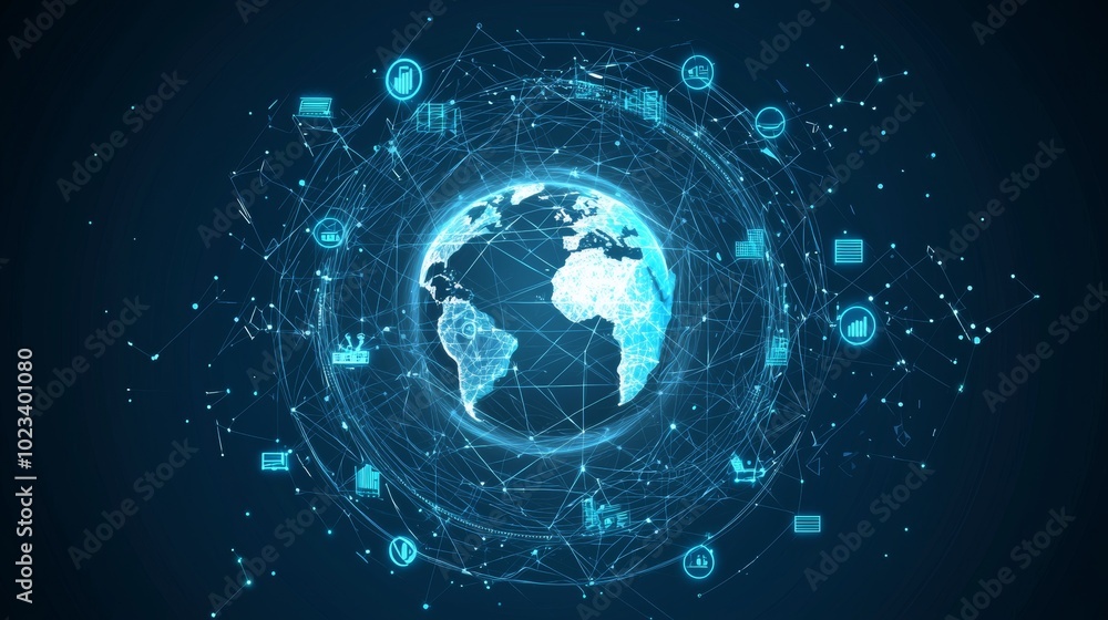 Poster Presented in 3D rendering computer graphic of cyberspace is the global online internet network concept and internet of things, or IoT. Communication and information technology development for digital