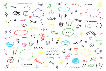 Hand drawn marker simple elements set. Grunge doodle underlines, icons, emphasis, speech bubbles, arrows and shapes. Vector illustration isolated on white background.
