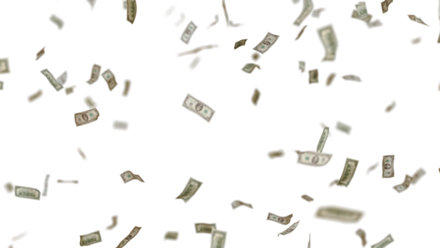 Many USA 100 dollars bill falling from the sky