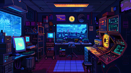 Obraz premium Crypto pixel laboratory, 8-bit experiments, digital research equipment, blockchain data storage, retro science game visuals, virtual testing chambers, arcade discovery systems