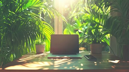 Fototapeta premium Work-from-home office setup with sleek laptop, smartphone, and green plants by a large window