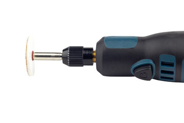 hand engraver with grinding disc, mini hand drill on battery isolated from background